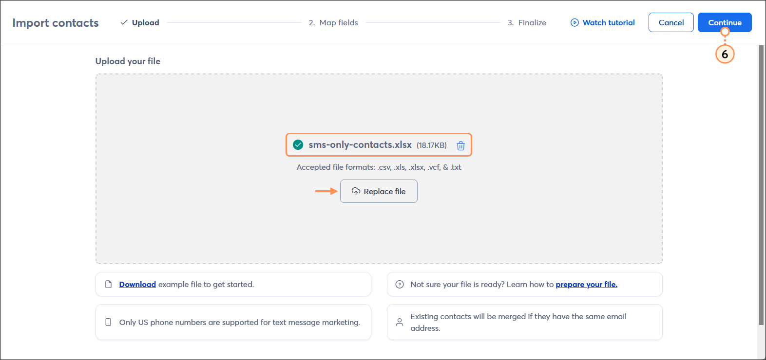 Import contacts page on Upload step, sms-only file selected and Replace button, and Continue button