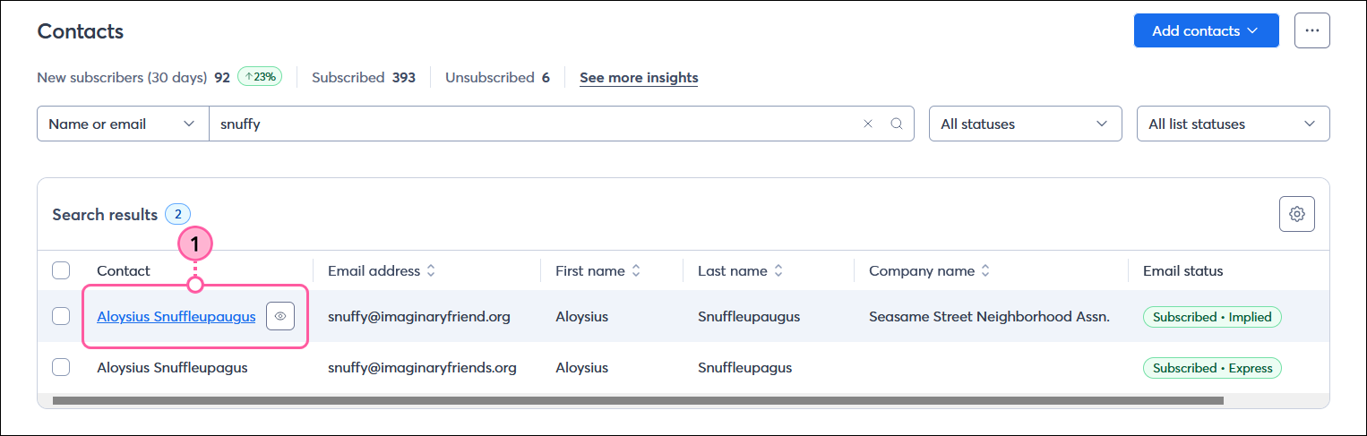 Contacts page with contact highlighted and Preview button visible
