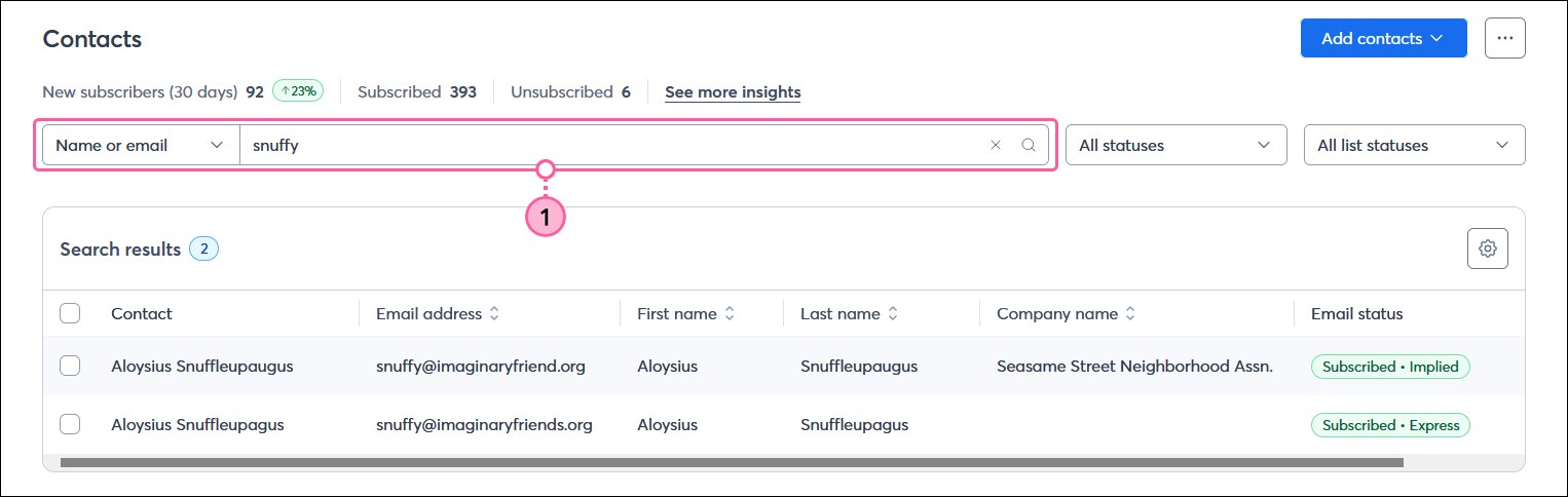 Contacts page with Search field and search results with duplicate contacts