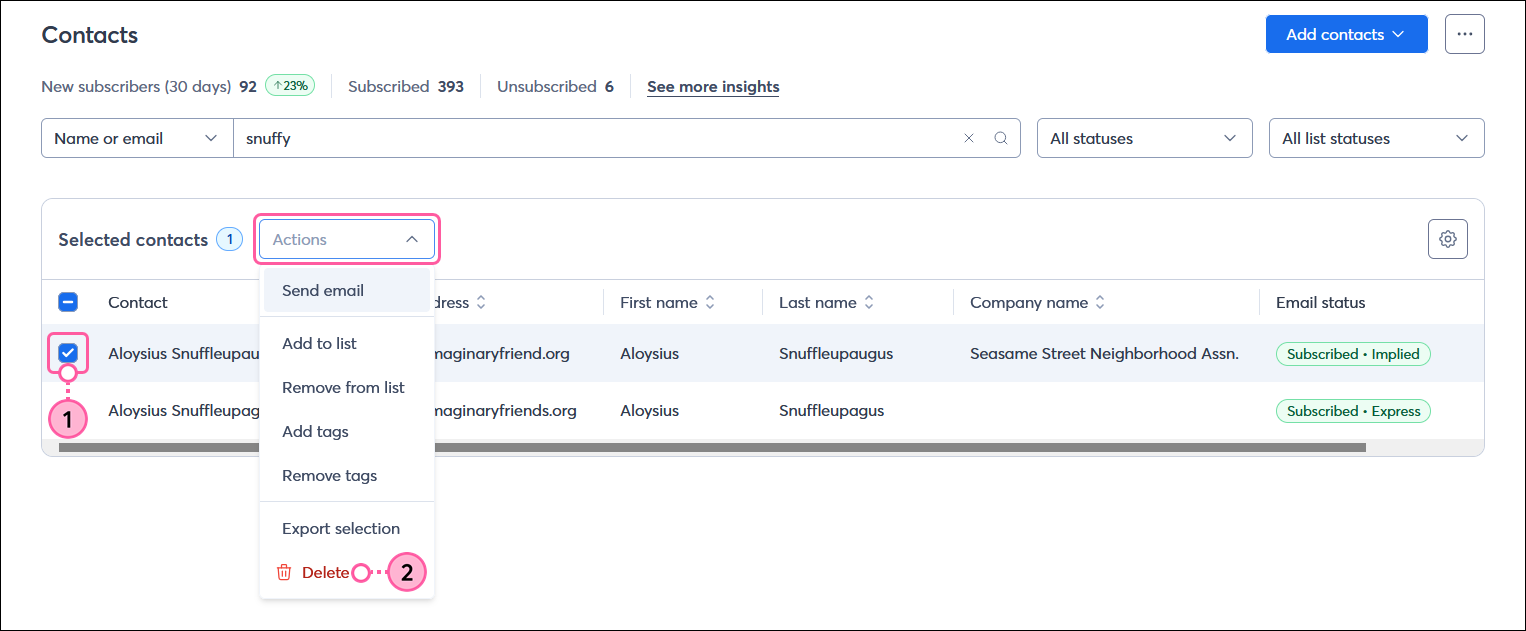 Contacts page with contact selected, Actions menu expanded, and Delete option selected