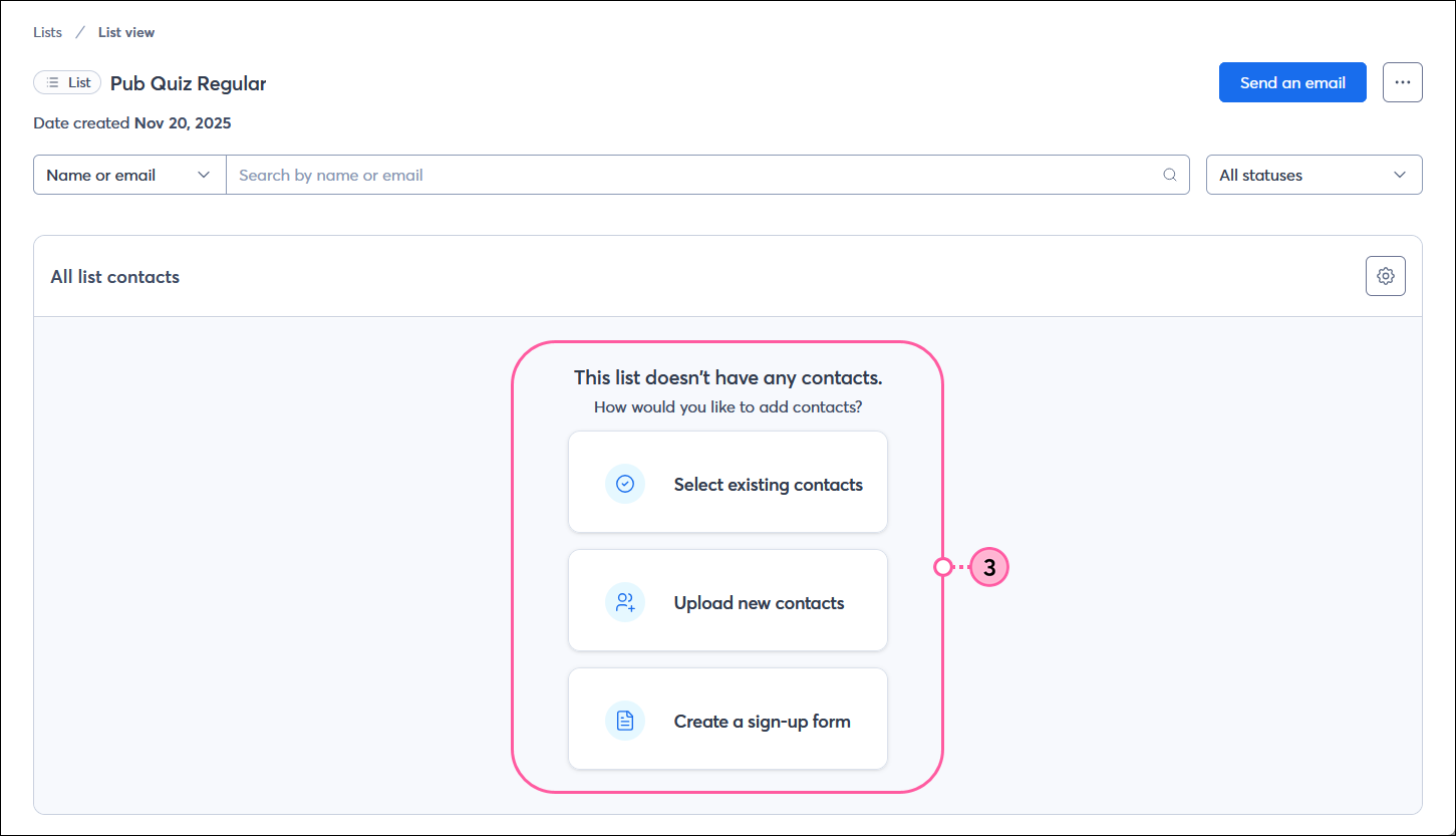 List view without any contacts and upload new contacts button and Create a sign-up form button