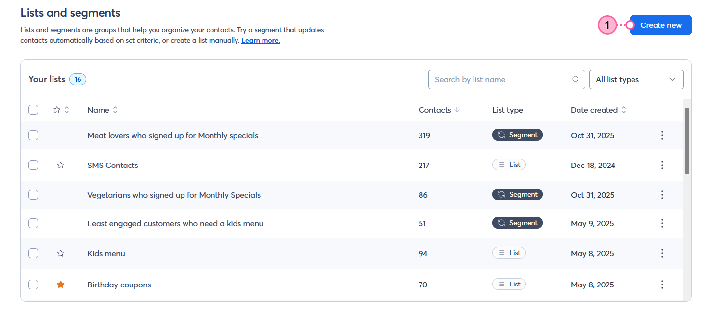 Lists and segments page with Create new button
