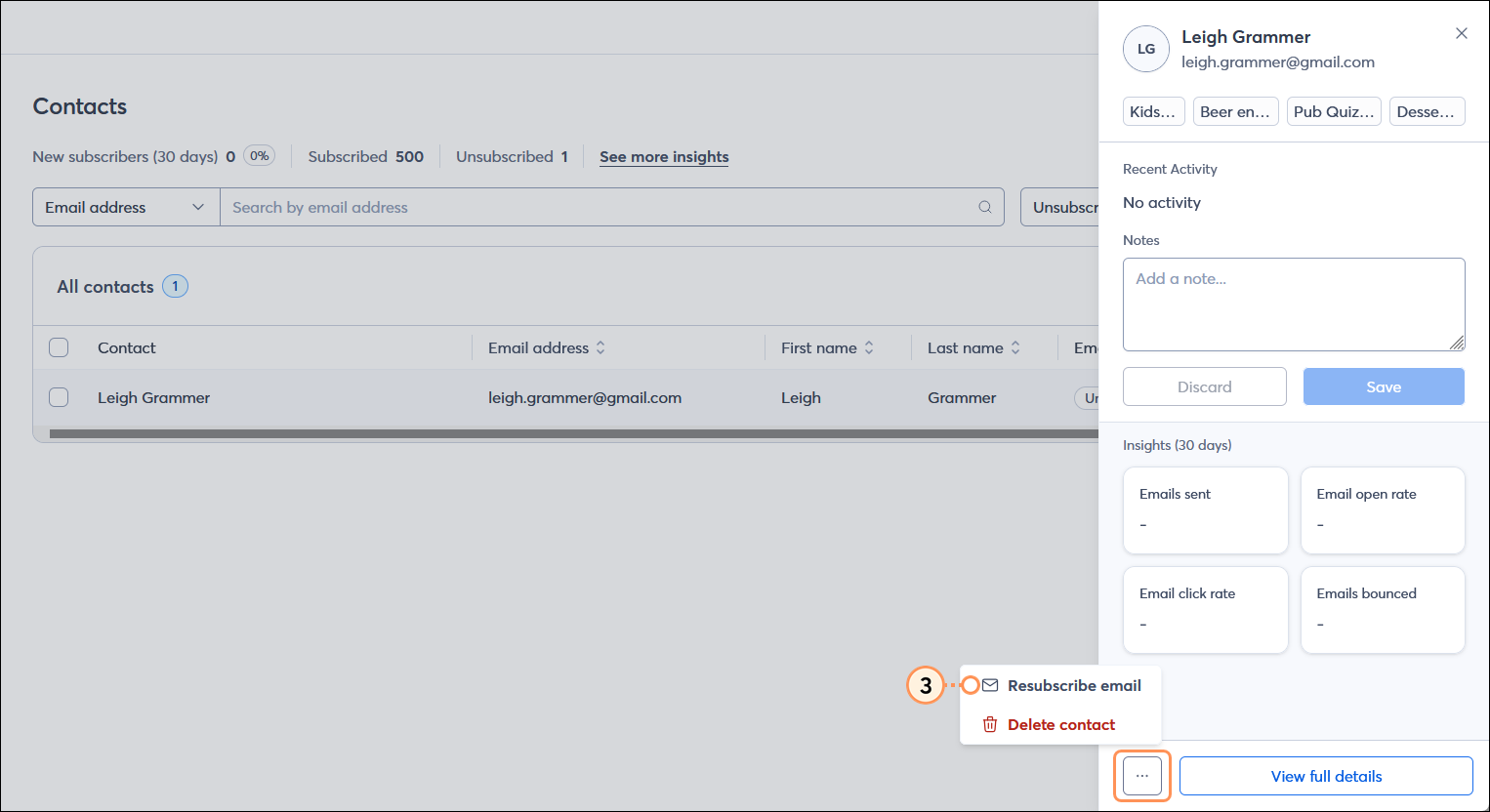 Contact panel with menu expanded and Resubscribe email option selected