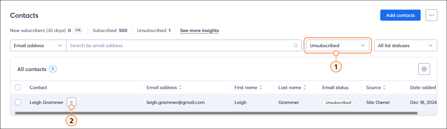 All contacts table with Status drop-down menu and Unsubscribed option selected, and filter results with View button visible