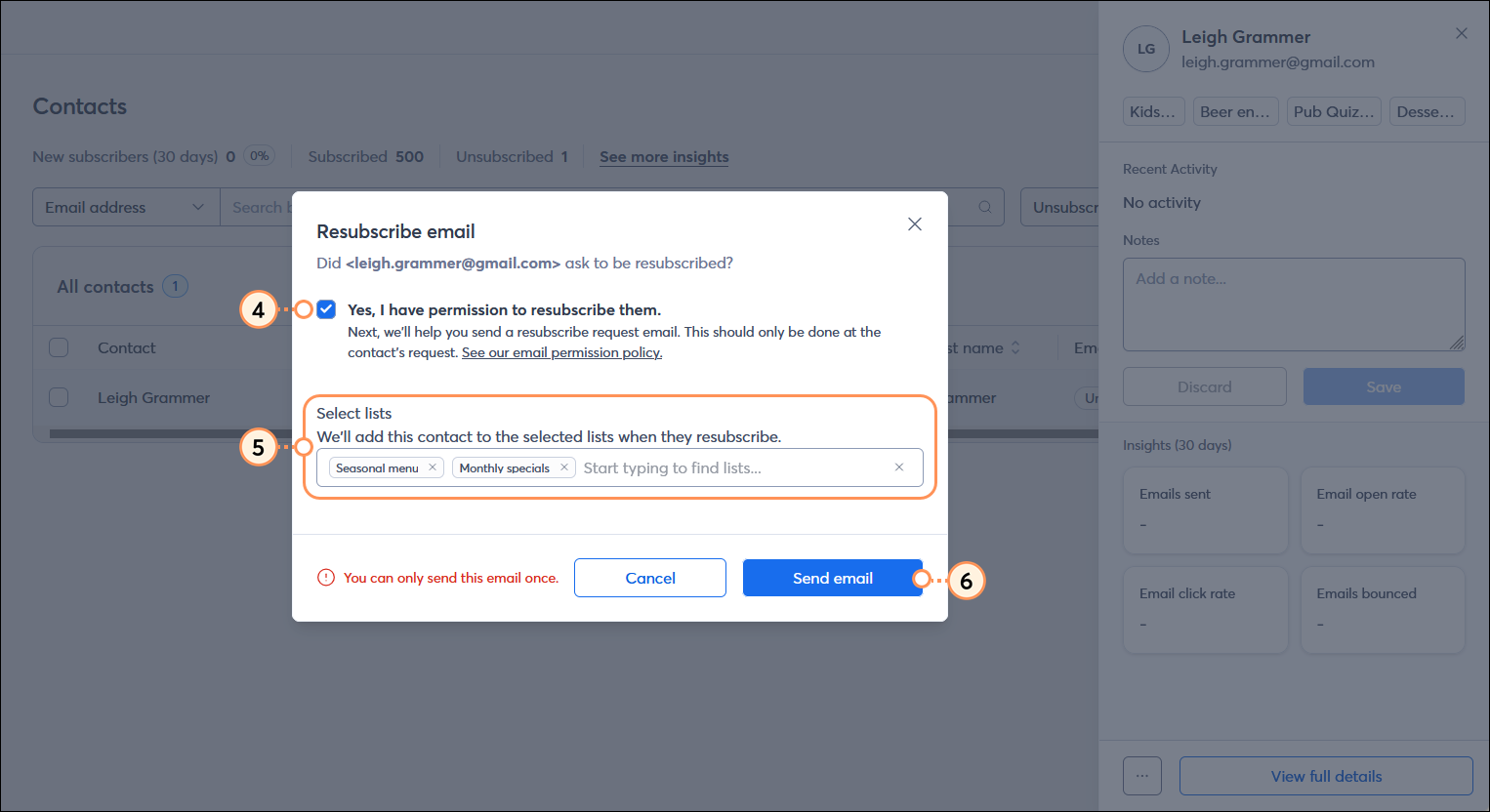 Resubscribe email overlay, "Yes I have permission to resubscribe them option selected, List field with list selected, and Continue button