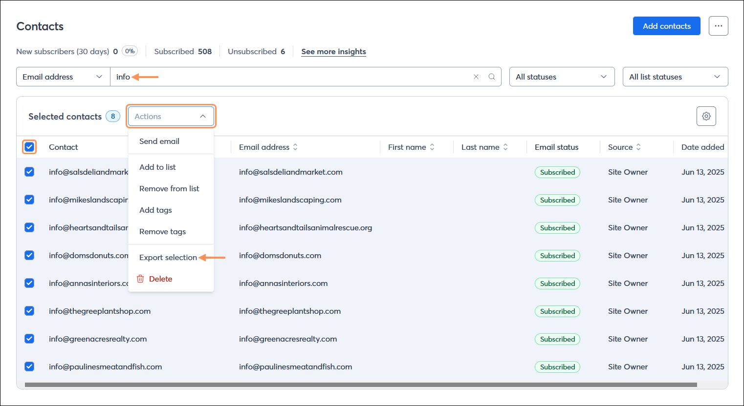Contacts dashboard and All contacts table with role address search and results, all contacts selected and Actions drop-down menu expanded with Export selection option selected