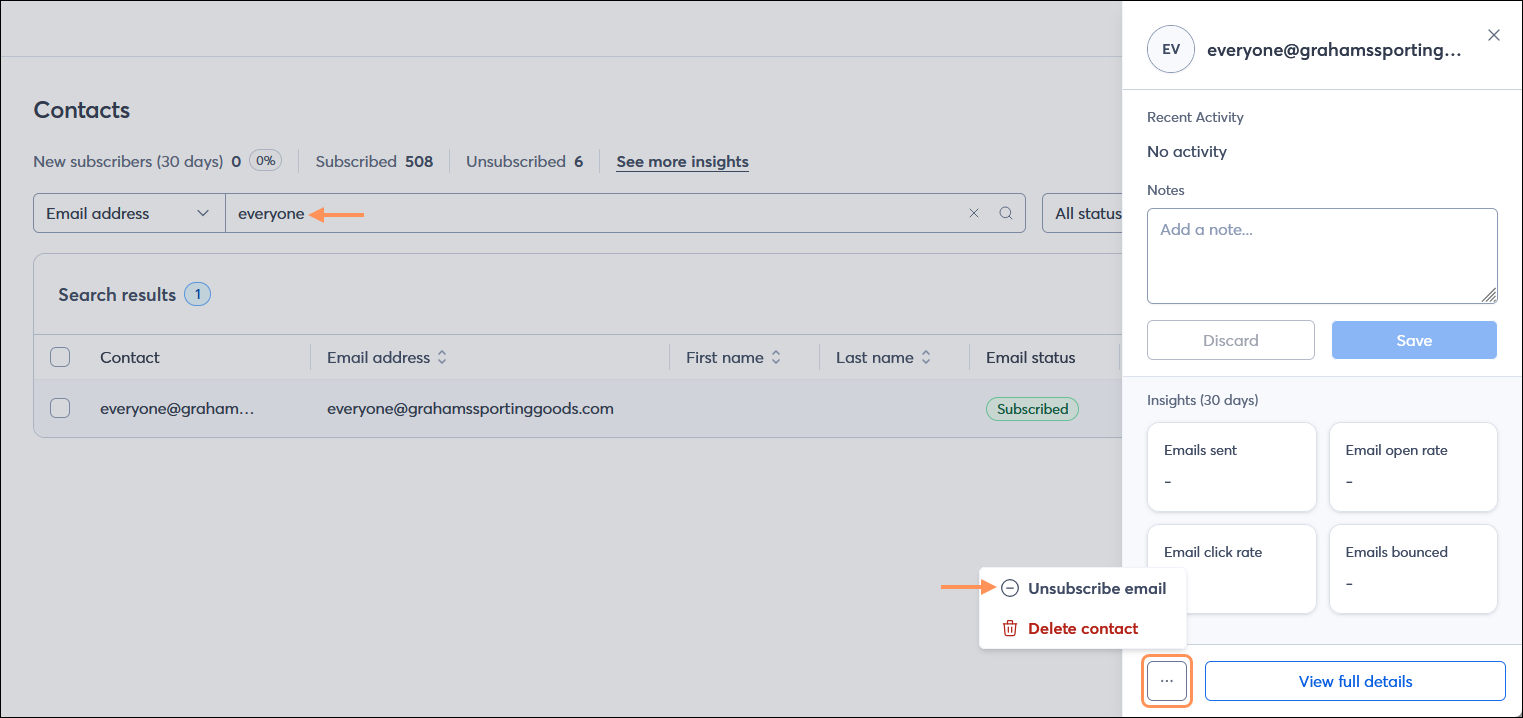 Contacts dashboard with All contacts table with role address search results, contact panel with menu expanded and Unsubscribe contact option selected