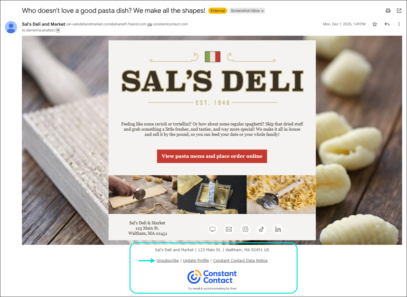 Example of an email in an inbox with the email footer and Unsubscribe link