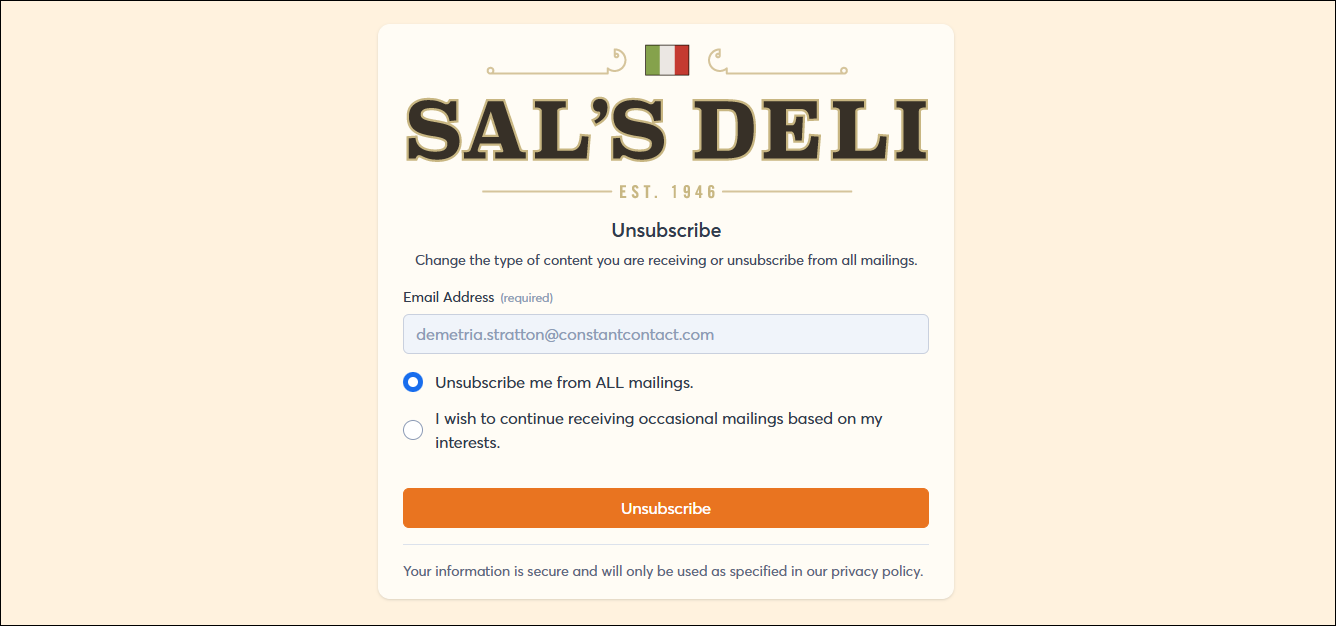 Unsubscribe page with Email Address field, Unsubscribe me from ALL mailings option selected, I wish to continue receiving occassional mailings based on my interests option, and Unsubscribe button