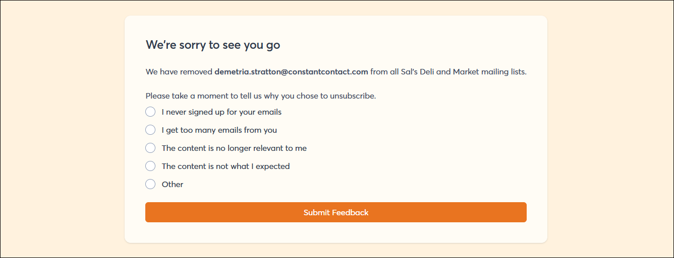We're sorry to see you go page with Resubscribe now link, Unsubscribe reason options, and Submit Feedback button