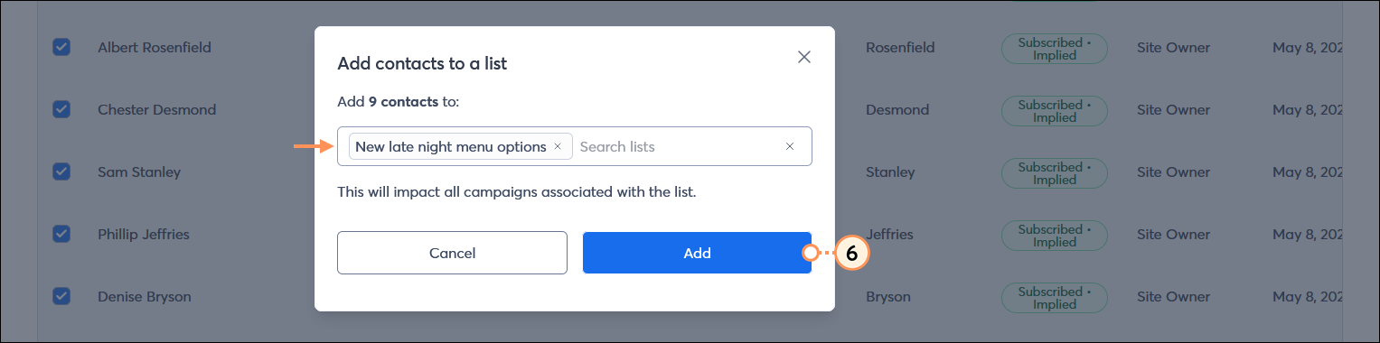 Add contacts to a list overlay with list field and new list created, and Add button