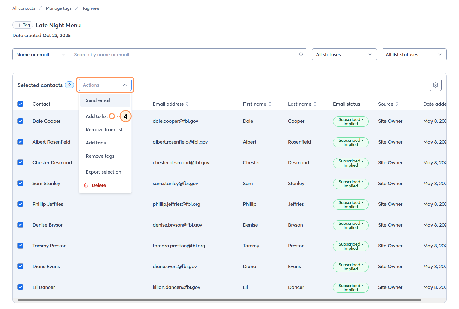 Manage tags page with all contacts selected and Actions menu expanded with Add to list option selected