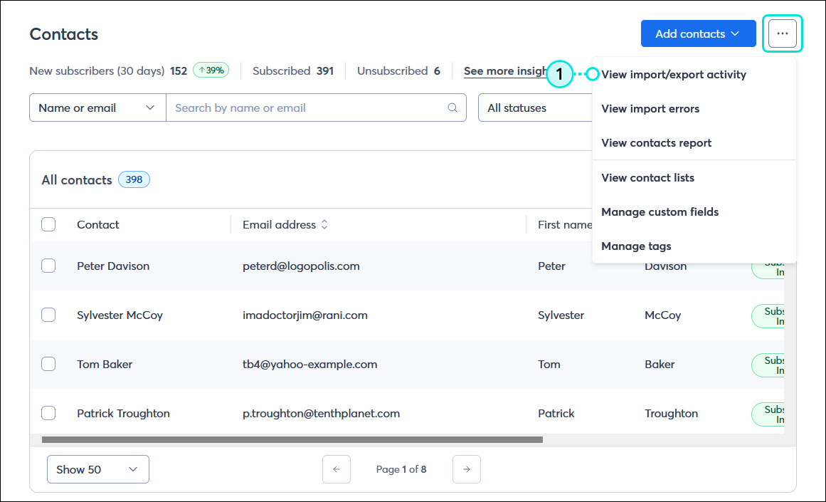 Contacts page with More menu expanded and View Import/Export Activity option selected