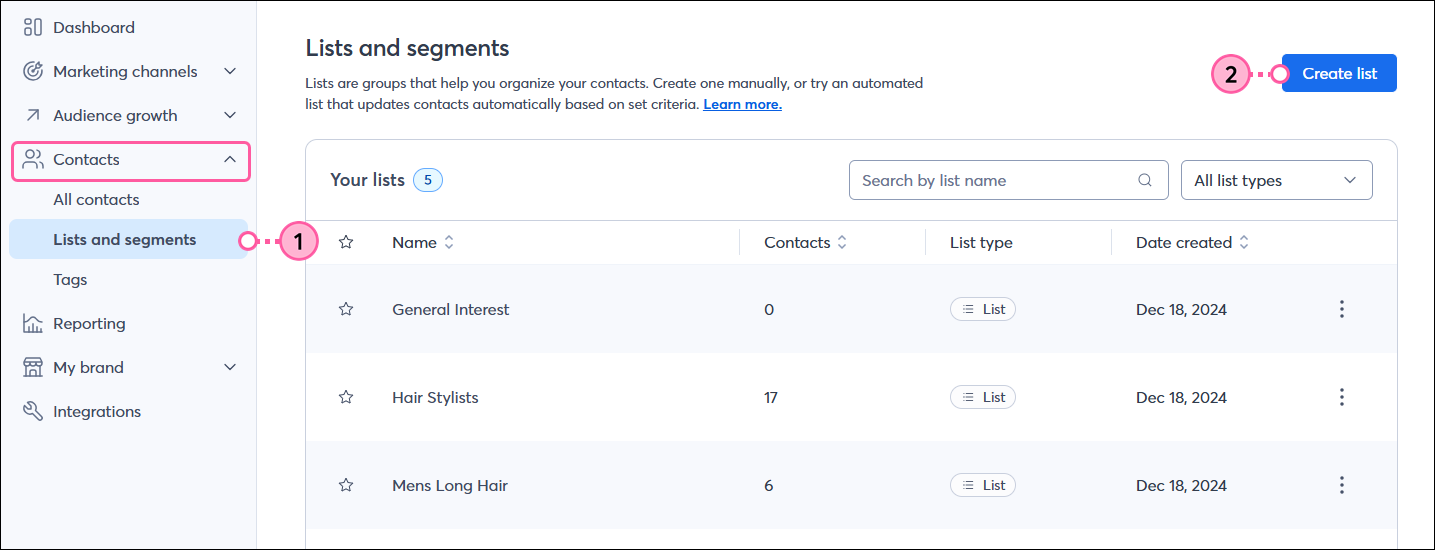 Contacts menu expanded and Lists and segments option selected, Lists table with Create list button in upper right-hand corner
