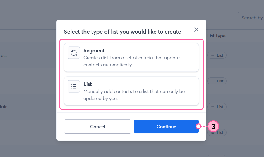 Select list type and continue