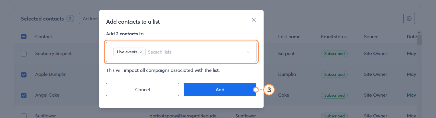 Add contacts to a list overlay with Search lists field with list selected and Add button