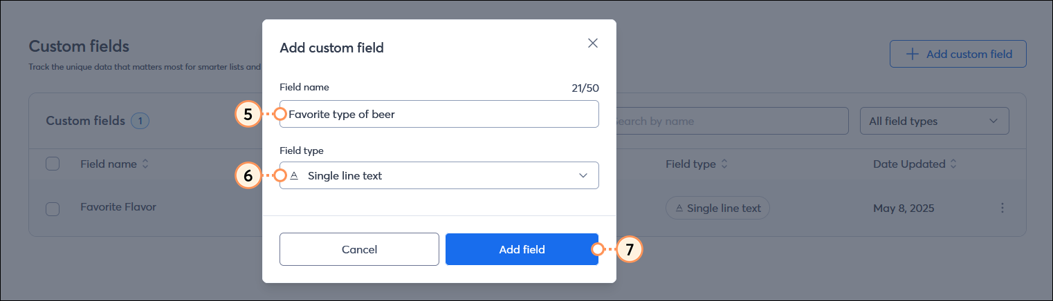 Add custom field overlay with Field name field, Field type drop-down menu with Single line text selected, and Add field button