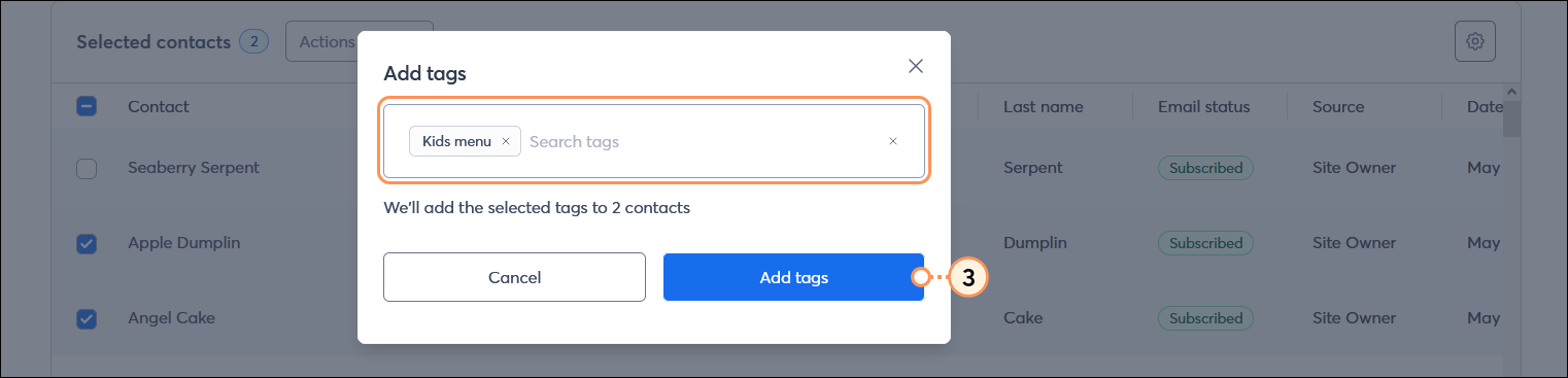 Add tags overlay with search field with tag selected, and Add tags button