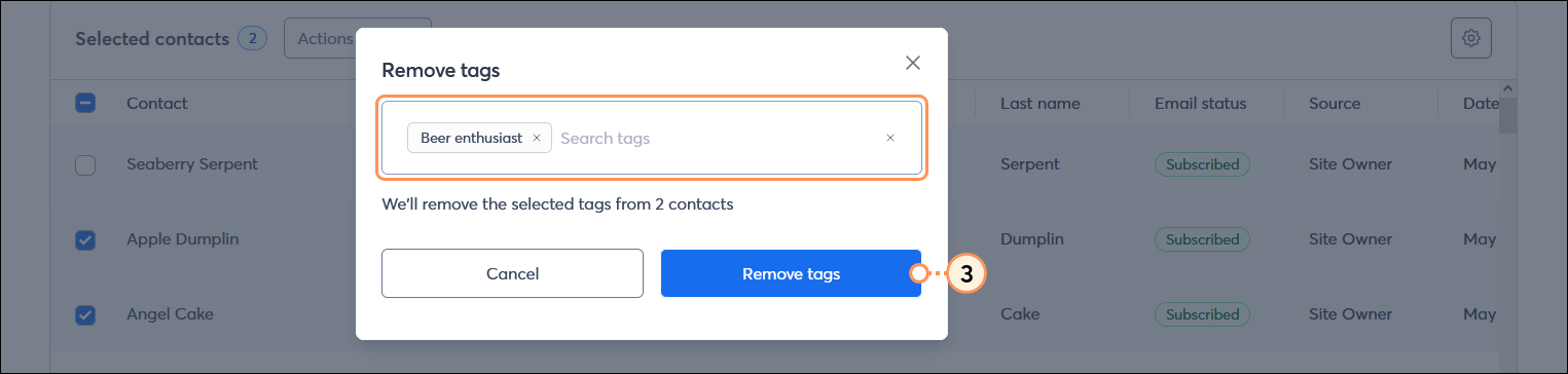 Remove tags overlay with search field with tag selected, and Remove tags button