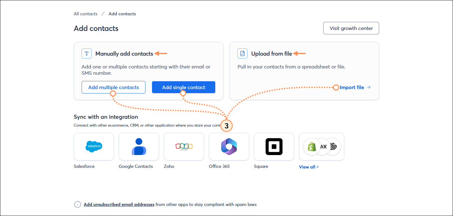 Add contacts page with Manually add contacts section and Add multiple contacts and Add single contact buttons, and Upload from file section with Import file link