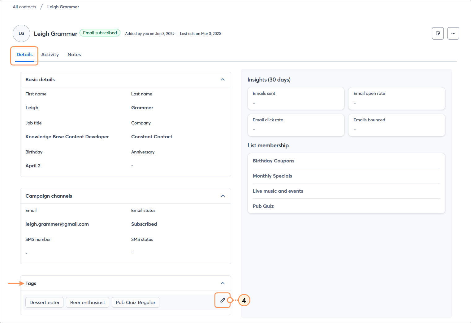 Contact record with Details tab selected, Tags section with existing tags and Edit (pencil) icon displayed