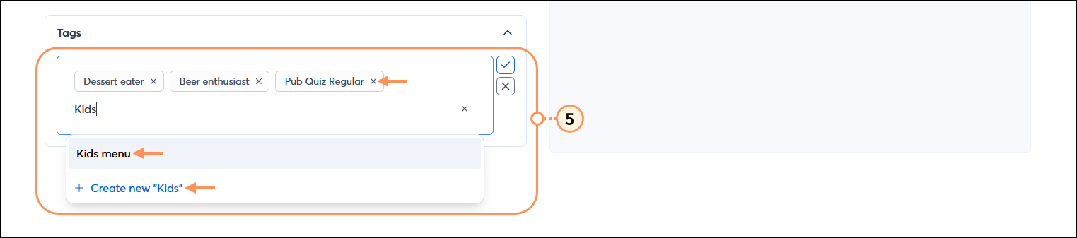 Contact record, Details tab, Tags section with existing tags and delete option, partial tag name in search field with narrowed results and option to create a new tag