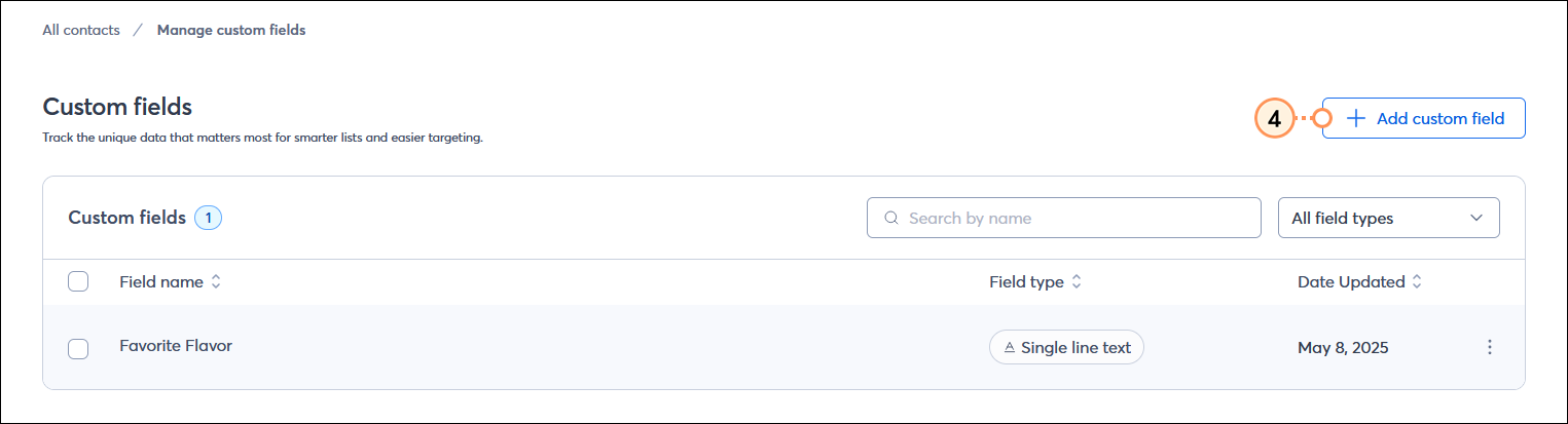 Custom fields dashboard with + Add custom field button