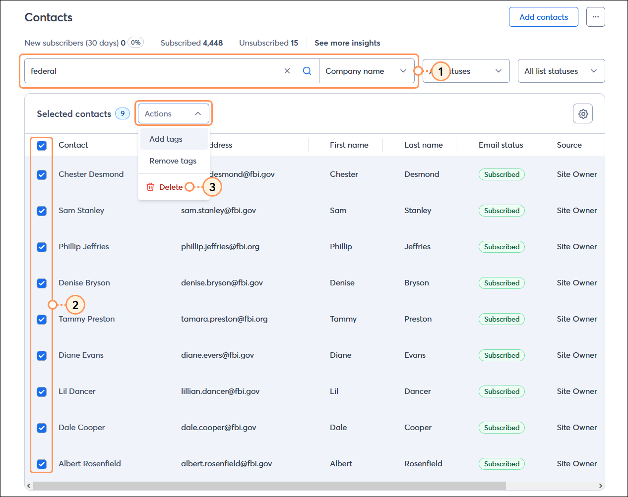 All contacts table with search field and search results, all contacts selected and actions menu expanded with Delete option selected