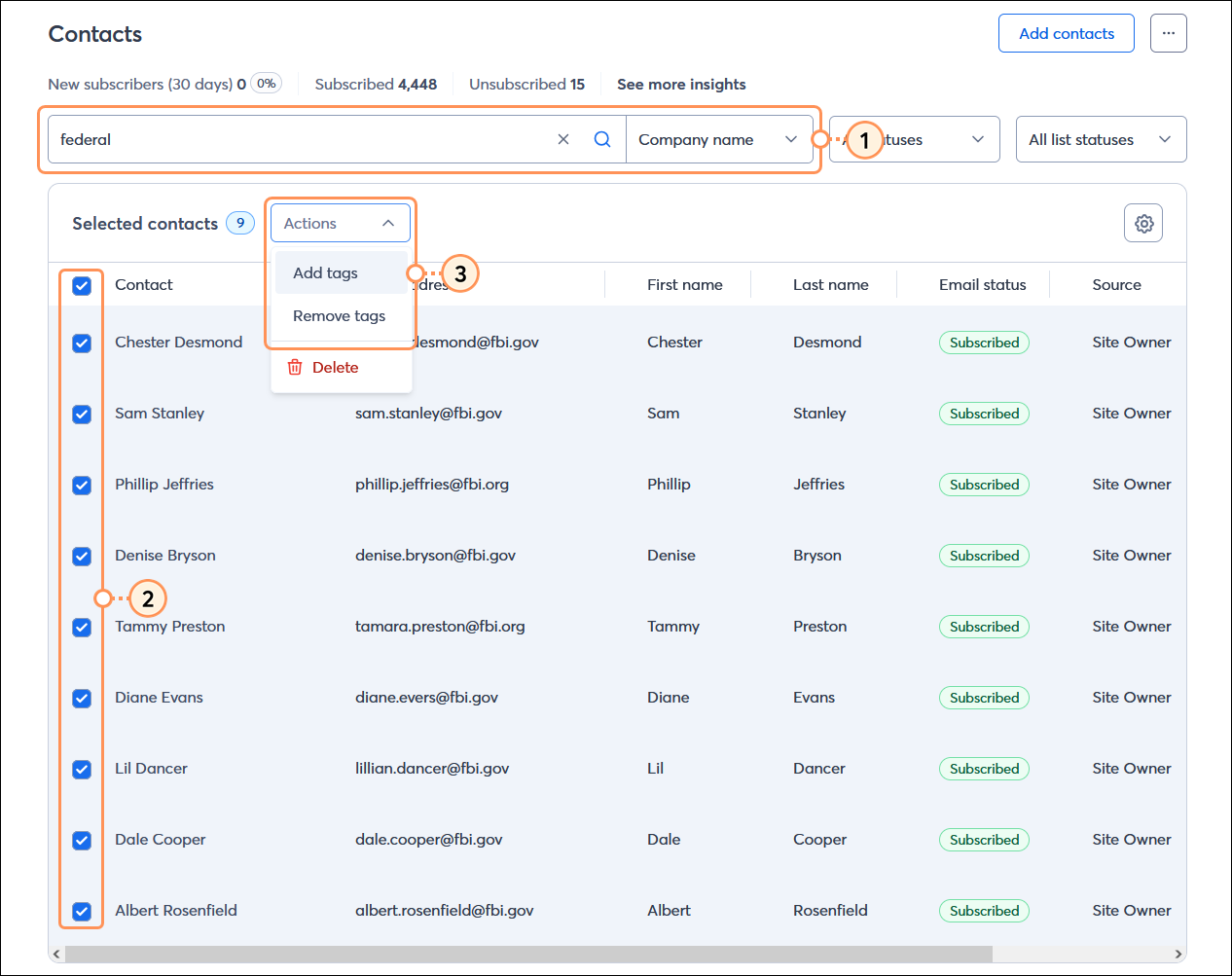 All contacts table with search field and search results, all contacts selected and actions menu expanded with Add tags and Remove tags options