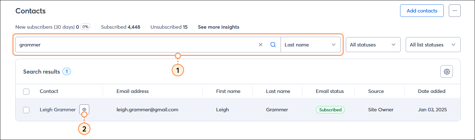All contacts table with search by last name, search results, and contact with View button visible