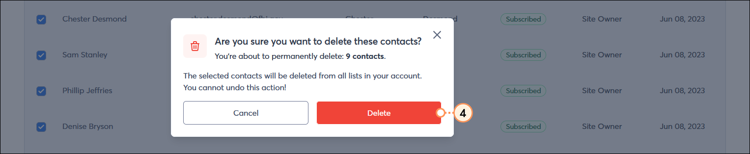 Are you sure you want to delete these contacts overlay and Delete button