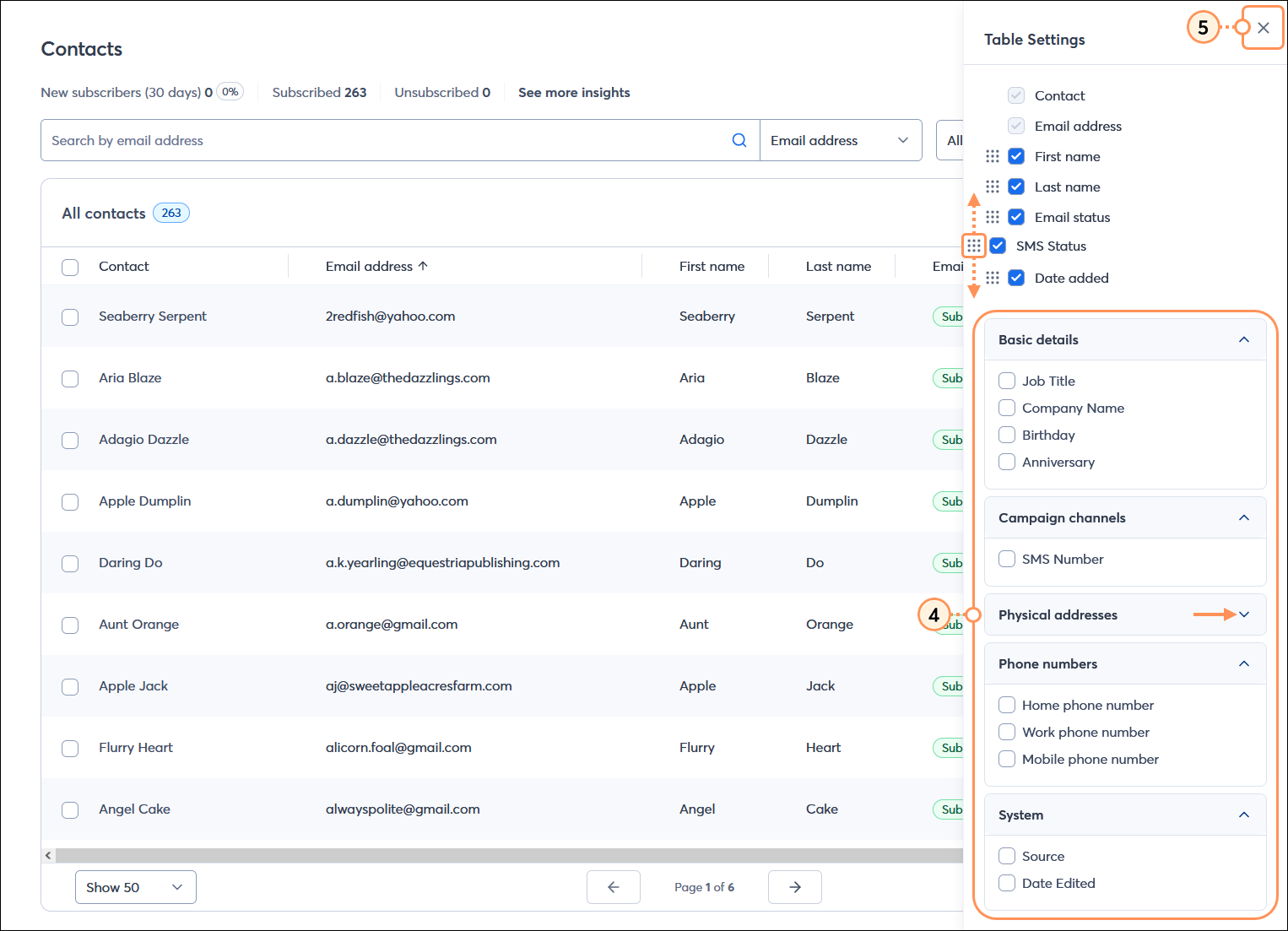 All contacts table with Table Settings menu expanded, selected column headers, header options, and close button