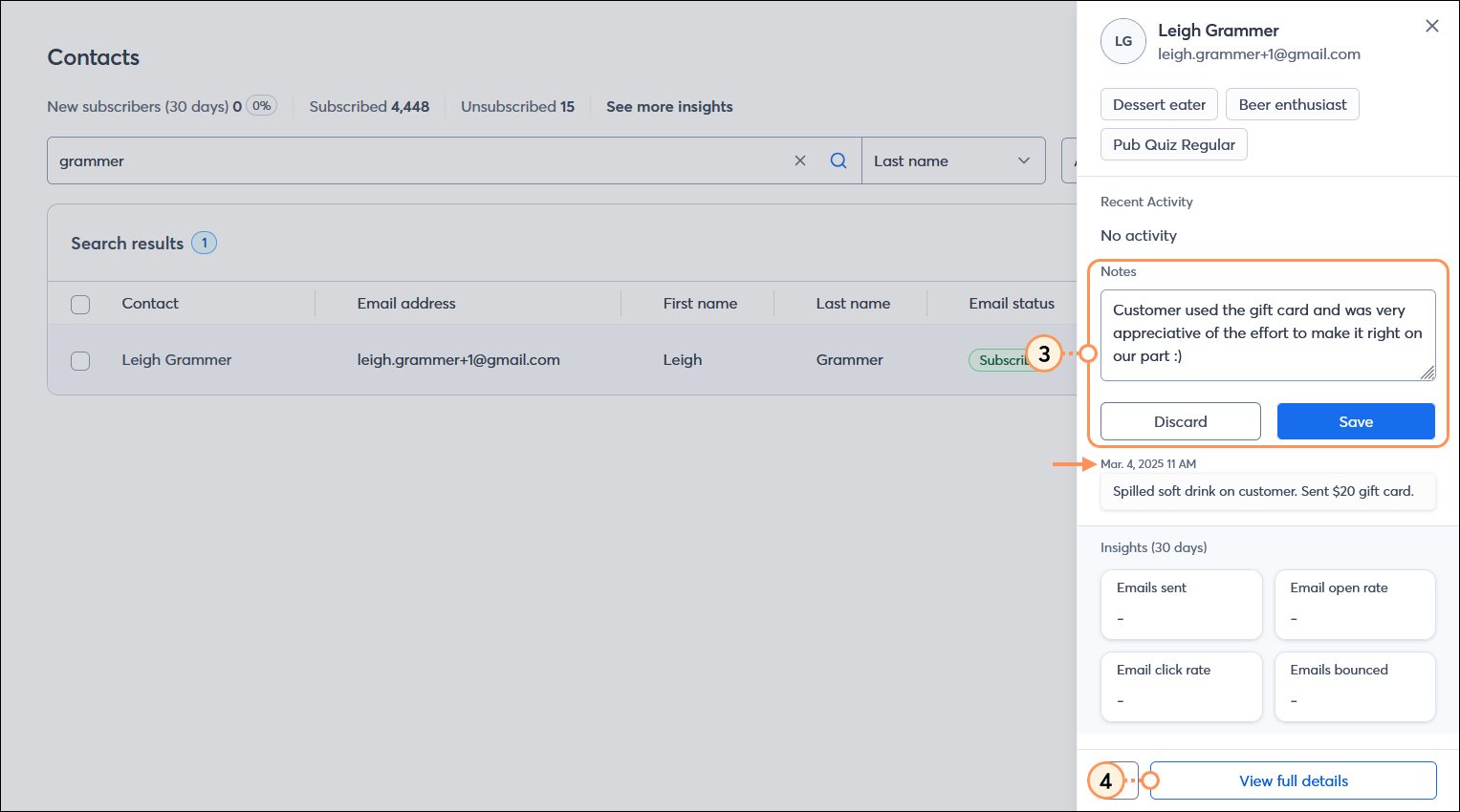 All contacts table with contact record visible, Notes section with Note field and Save button, previous note visible, and View full details button