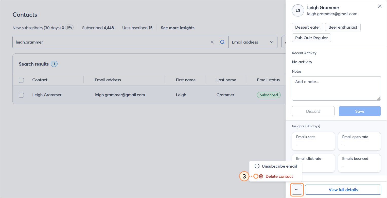 All contacts table with contact record expanded, menu button with options expanded and Delete contact option selected