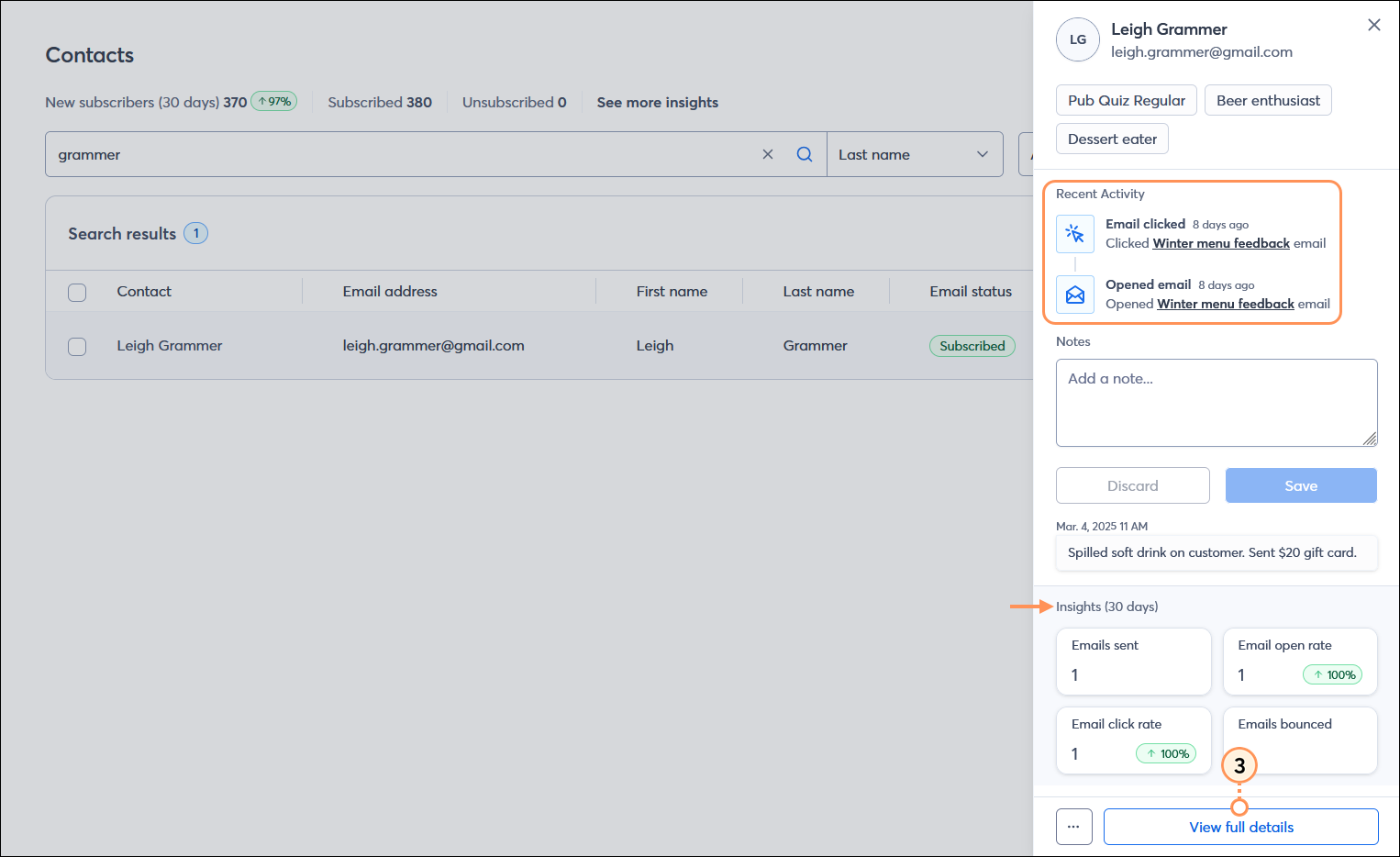 All contacts table with contact record expanded, Recent Activity section and Insights (30 days) section, and View full details button