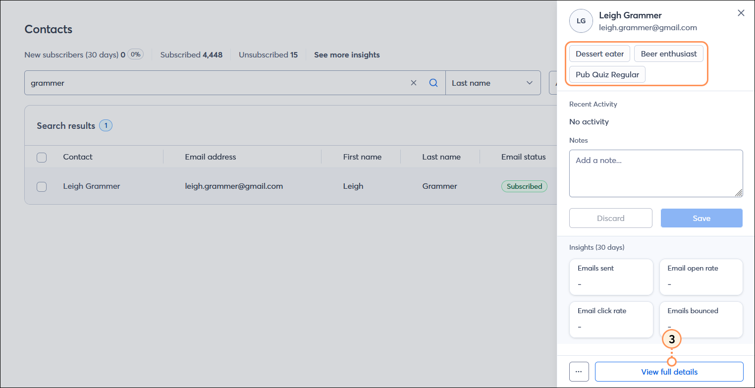 All contacts table with contact record expanded, existing tags displayed, and View full details button