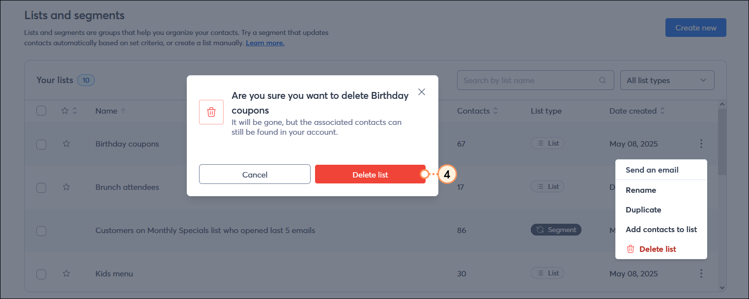 Are you sure you want to delete [list name] overlay with Delete list button