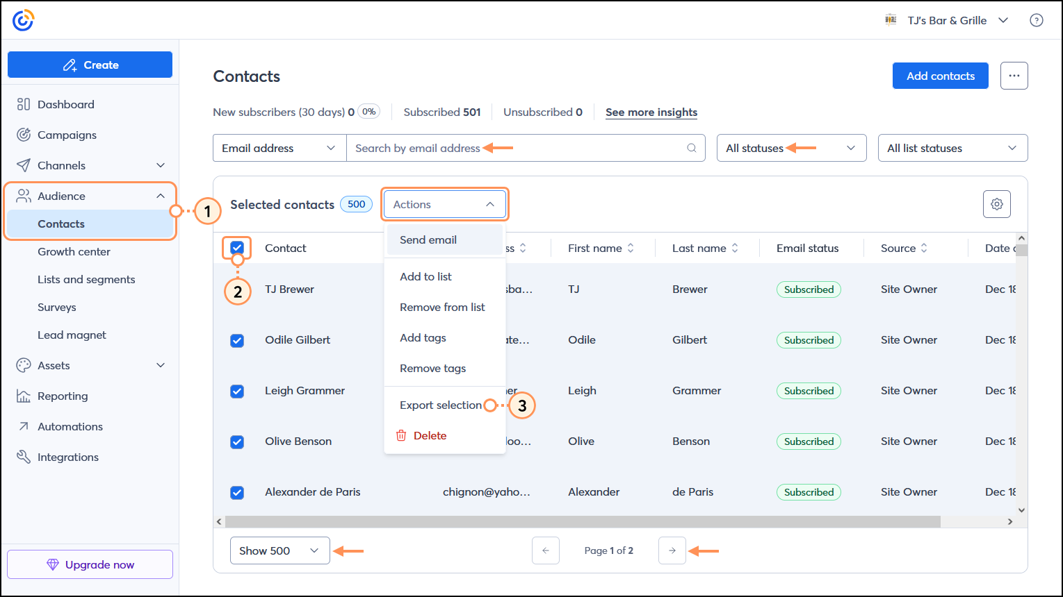 Contacts menu expanded and All contacts option selected, All contacts table with all contacts selected, and Actions menu expanded with Export selection option selected