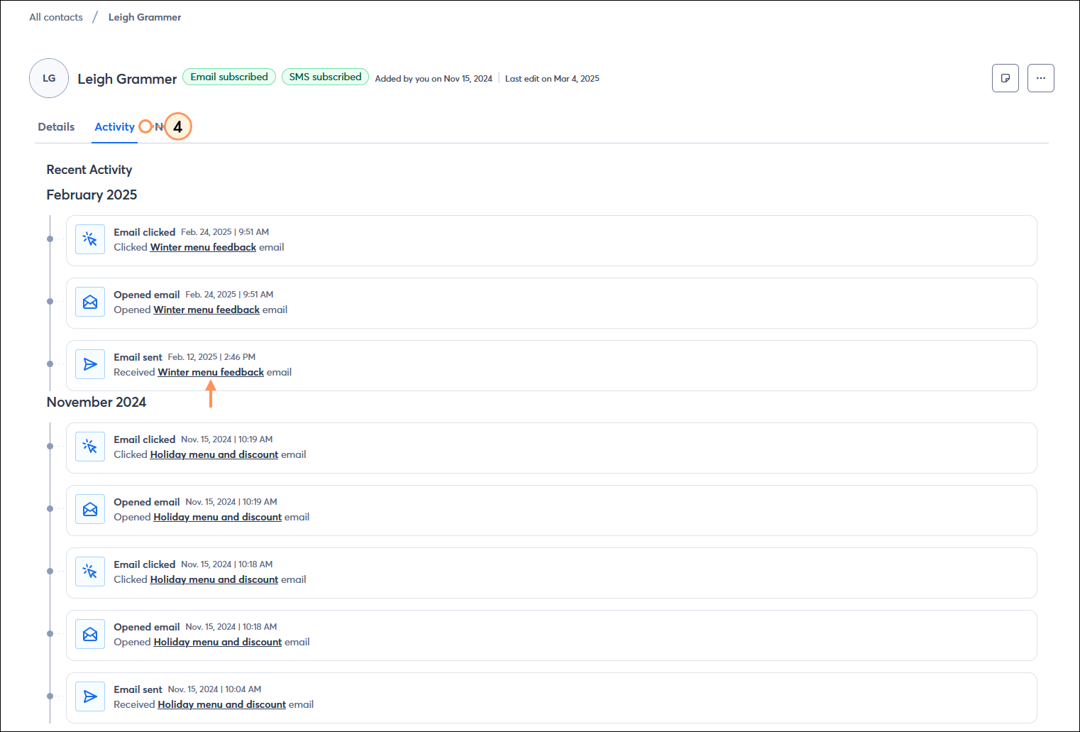 Contact record with Activity tab selected and Recent activity section with email send, open, and click information visible