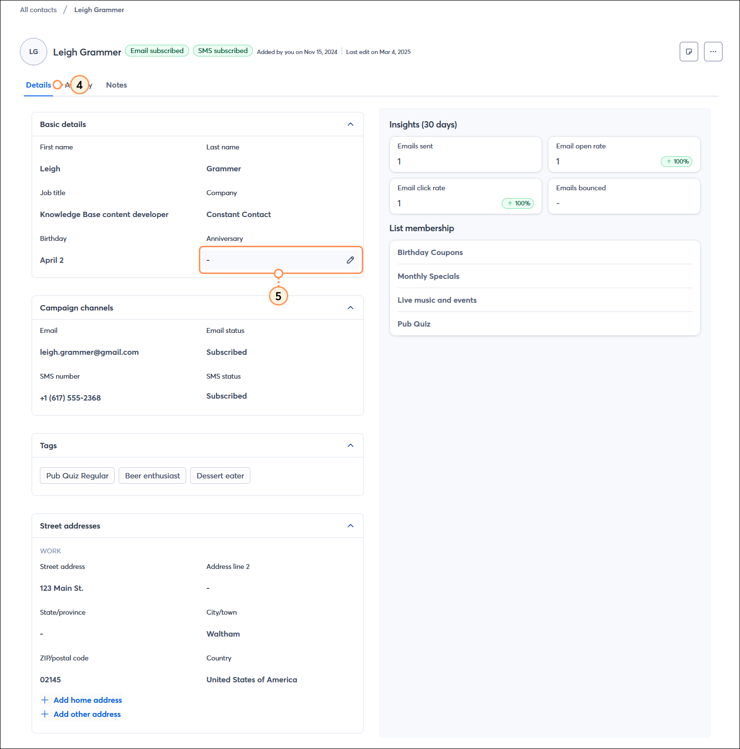 Contact record with Details tab selected, Basic details section with Edit icon visible on Anniversary field, and Campagin channels, Tags, Street addresses, Insights (30 days), and List membership sections displayed