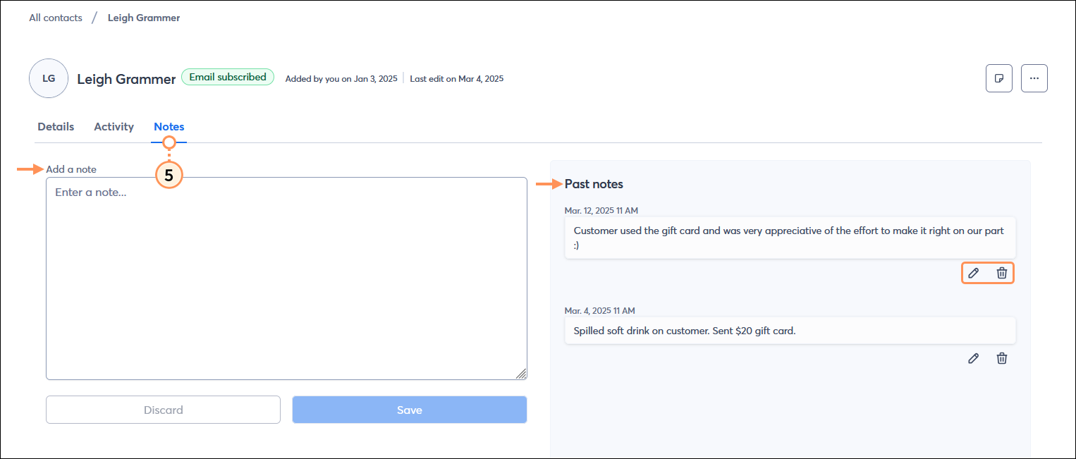 Contact record with Notes tab selected, Add a note section with Enter a note field and Save button, and Past notes section with notes, edit icon, and delete icon