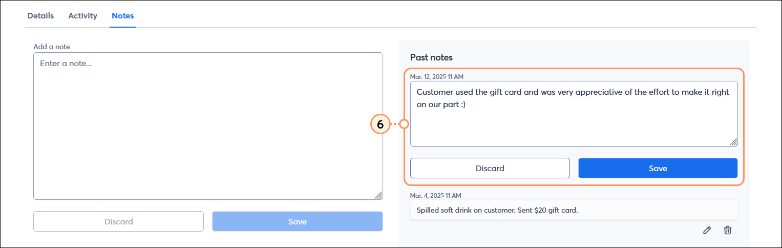 Contact record with Notes tab selected, Past notes section with past note editor and Save button