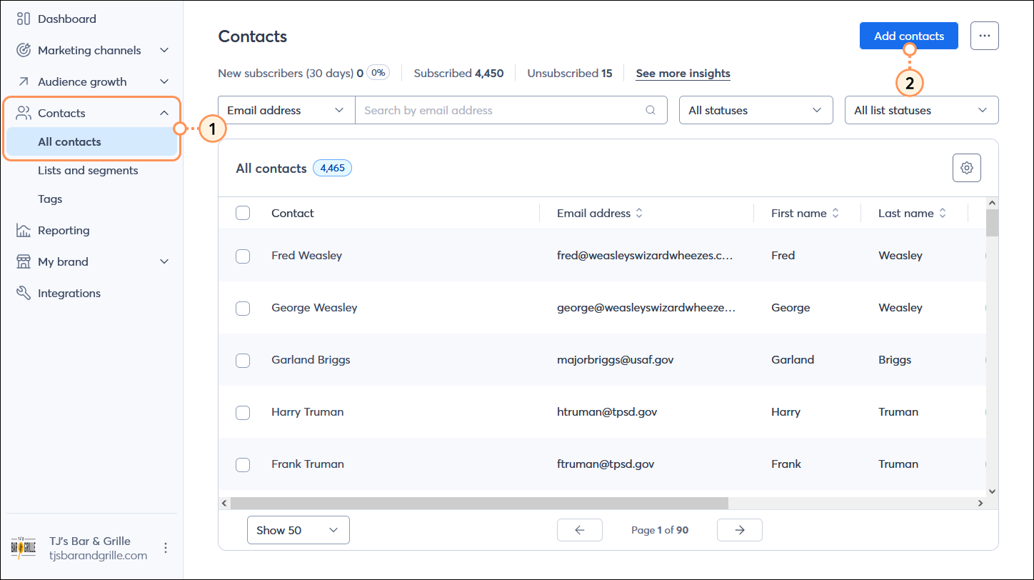 Contacts menu with All contacts option selected, All contacts table with Add contacts button in upper right-hand corner of page