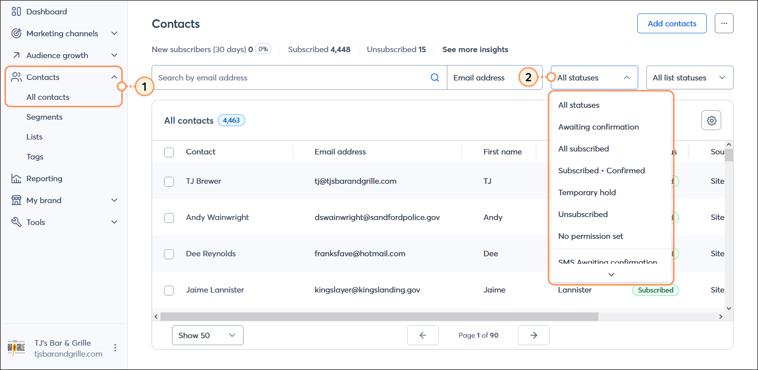 Contacts menu expanded and All contacts option selected, All contacts table with All statuses drop-down menu expanded with email statuses visible