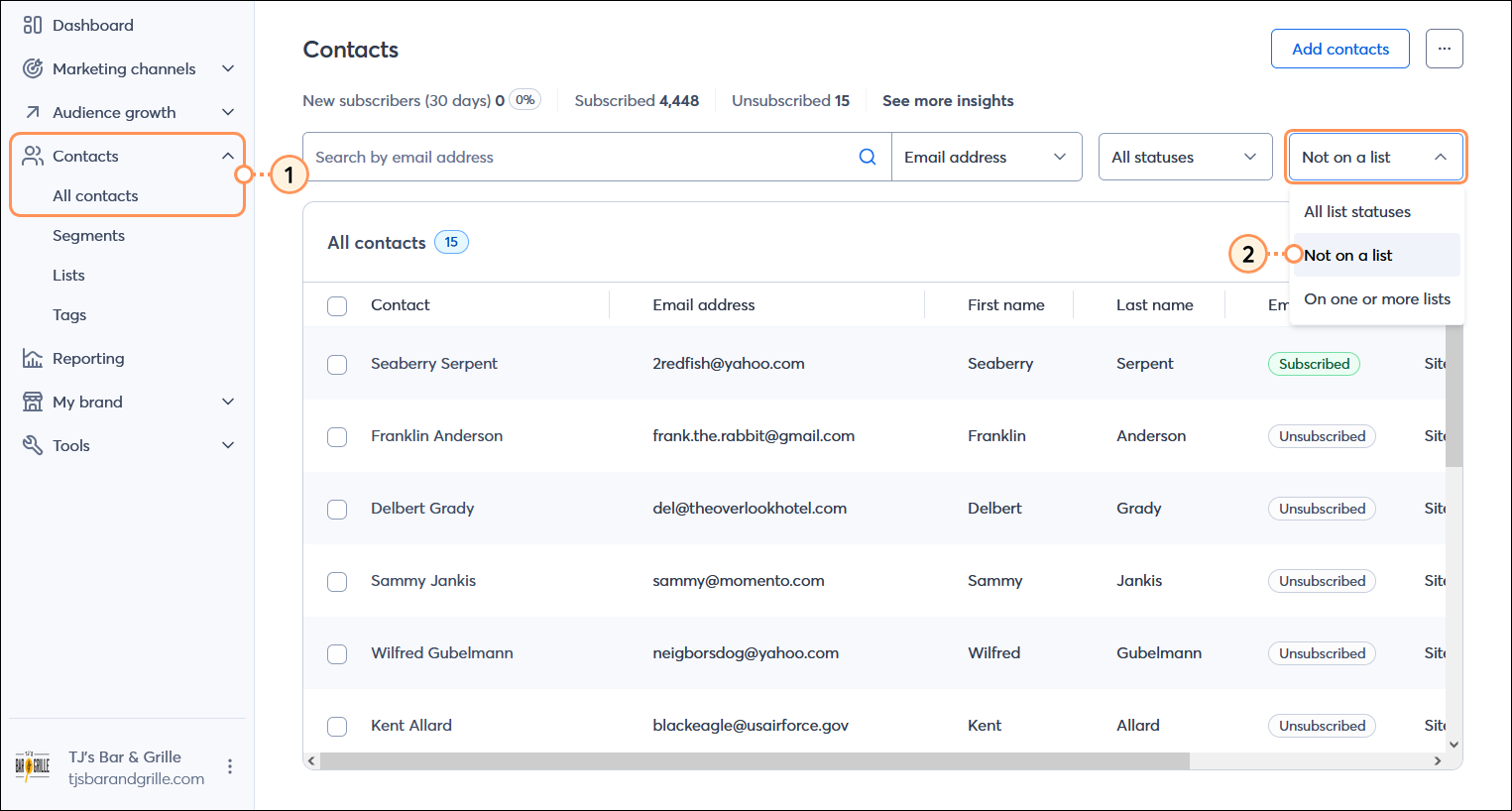 Contacts menu expanded with All contacts option selected, List status menu expanded with Not on a list option selected and filter results