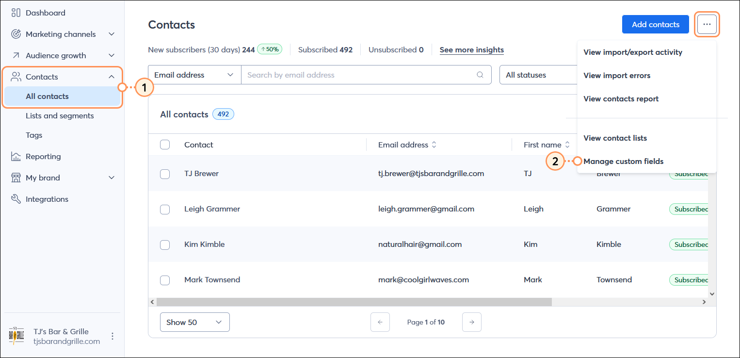Contacts menu expanded with All contacts option selected, Contact dashboard with All contacts table, Contacts menu expanded and Manage custom fields option expanded