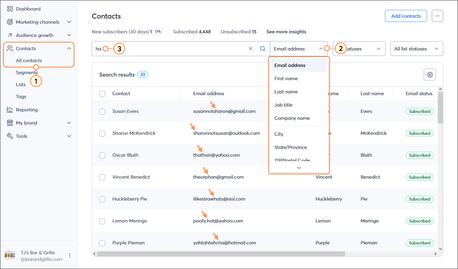 Contacts menu expanded and All contacts option selected, All contacts table with search criteria menu expanded and and Email address option selected, Search field with a couple characters entered, and search results with the same characters within the email address