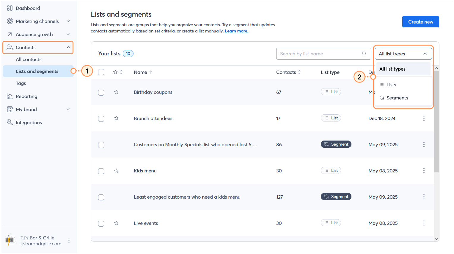 Contacts menu expanded with Lists and segments option selected, List and segments page with Your lists table and List types drop-down menu expanded