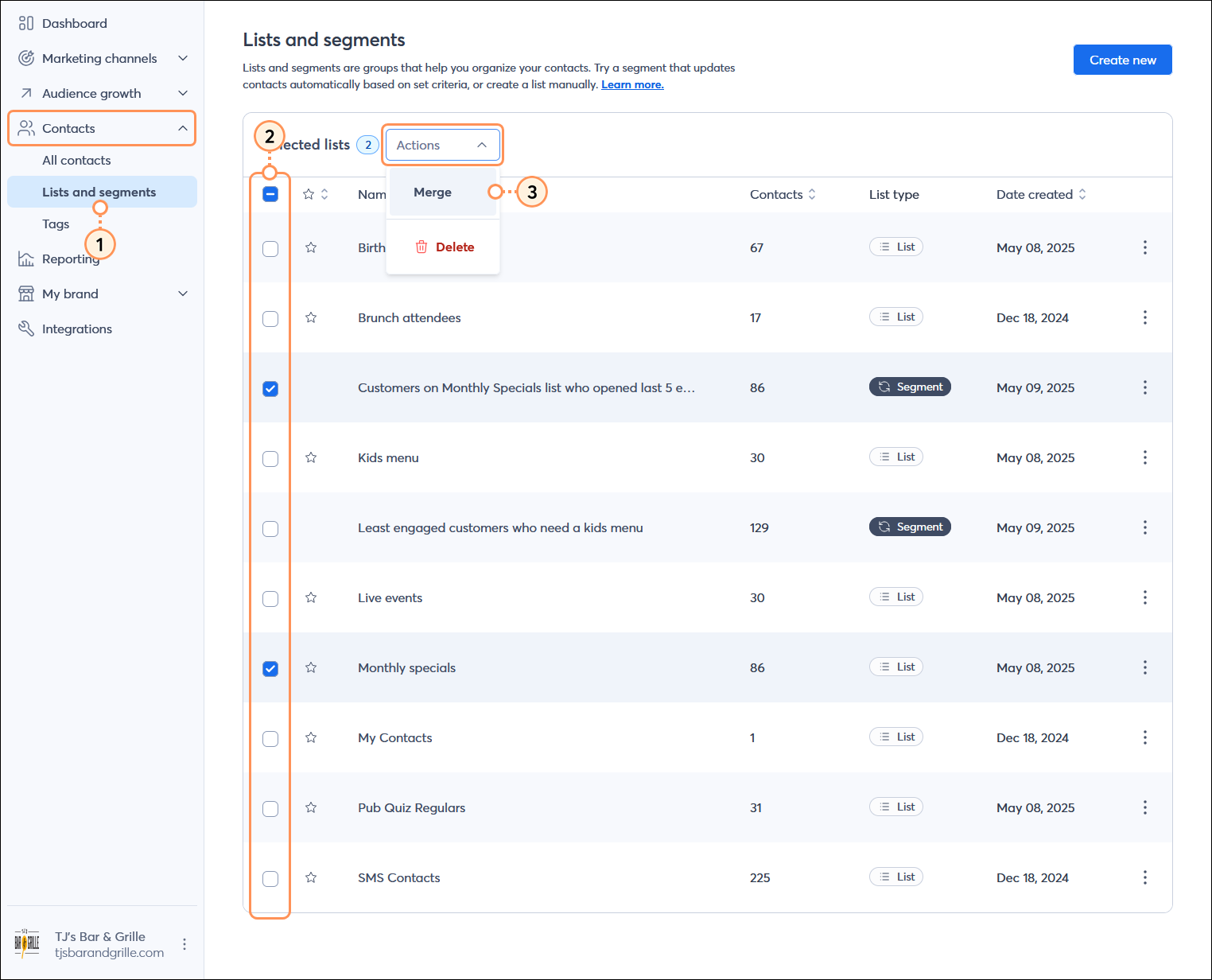 Contacts menu with Lists and segments option selected, Lists and segments page with a list and segment selected, and Actions menu expanded with Merge option selected