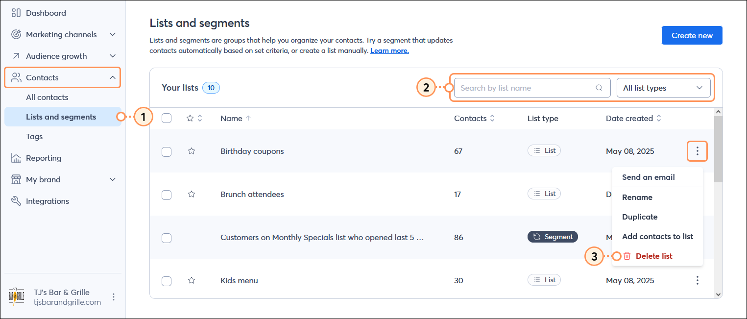 Contacts menu expanded with Lists and segments option selected, Lists and segments page with Your lists table, Search field and List types drop-down menu options, and list with menu expanded and Delete list option selected